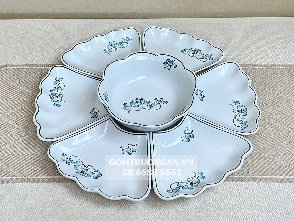 Bộ bát đĩa thờ cúng gia tiên vẽ hoa sen xanh nơ cỡ nhỏ 45cm 7 món 1