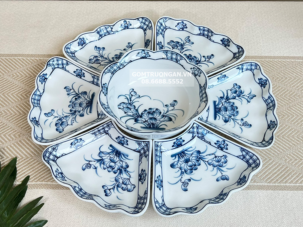 Bộ bát đĩa thờ cúng men trắng vẽ Hoa Sen cỡ to 7 chi tiết 1