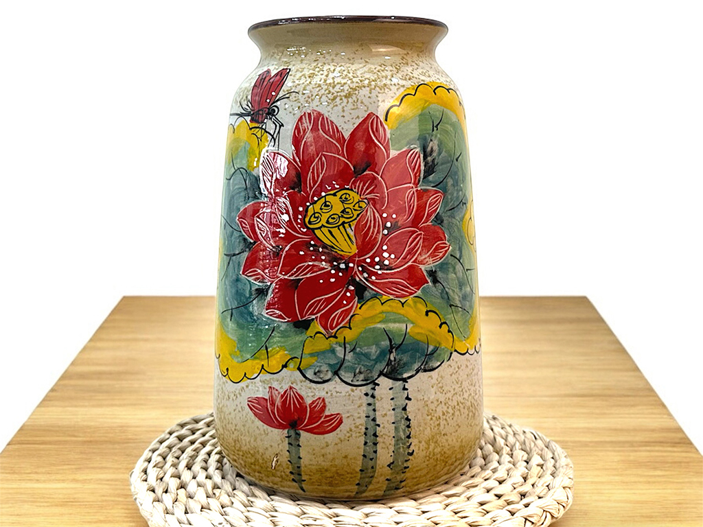 Bình hoa Bát Tràng trang trí decor dáng phích hoa sen đỏ 1