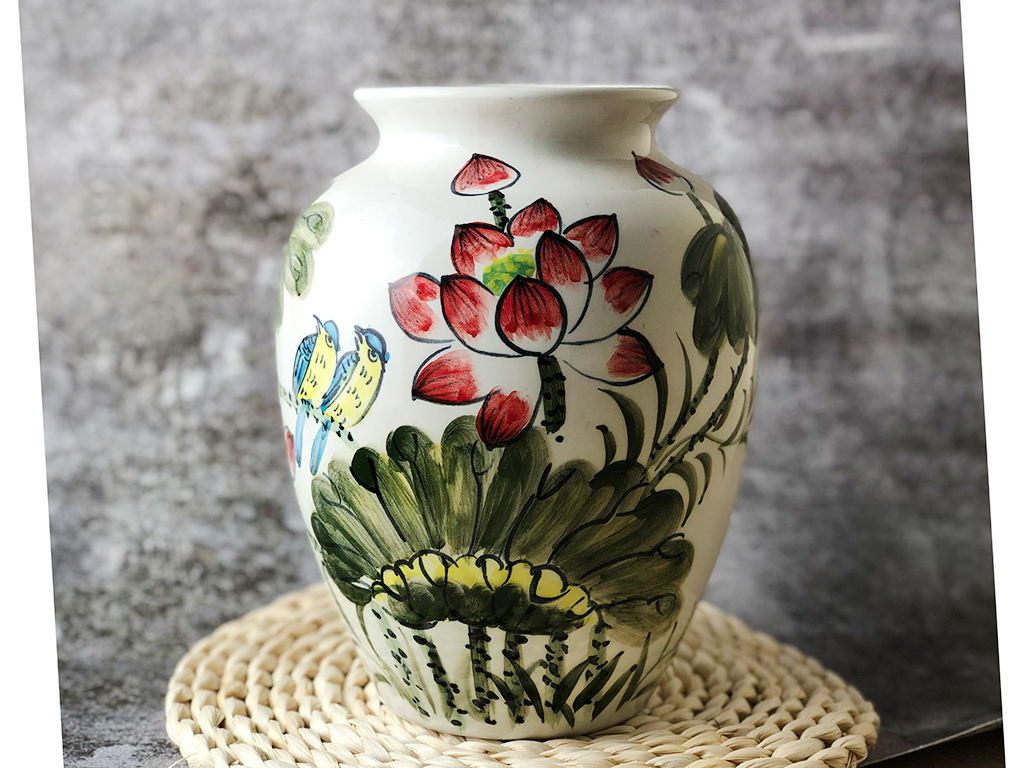 Lọ hoa trang trí dáng vò chim sen men trắng 2