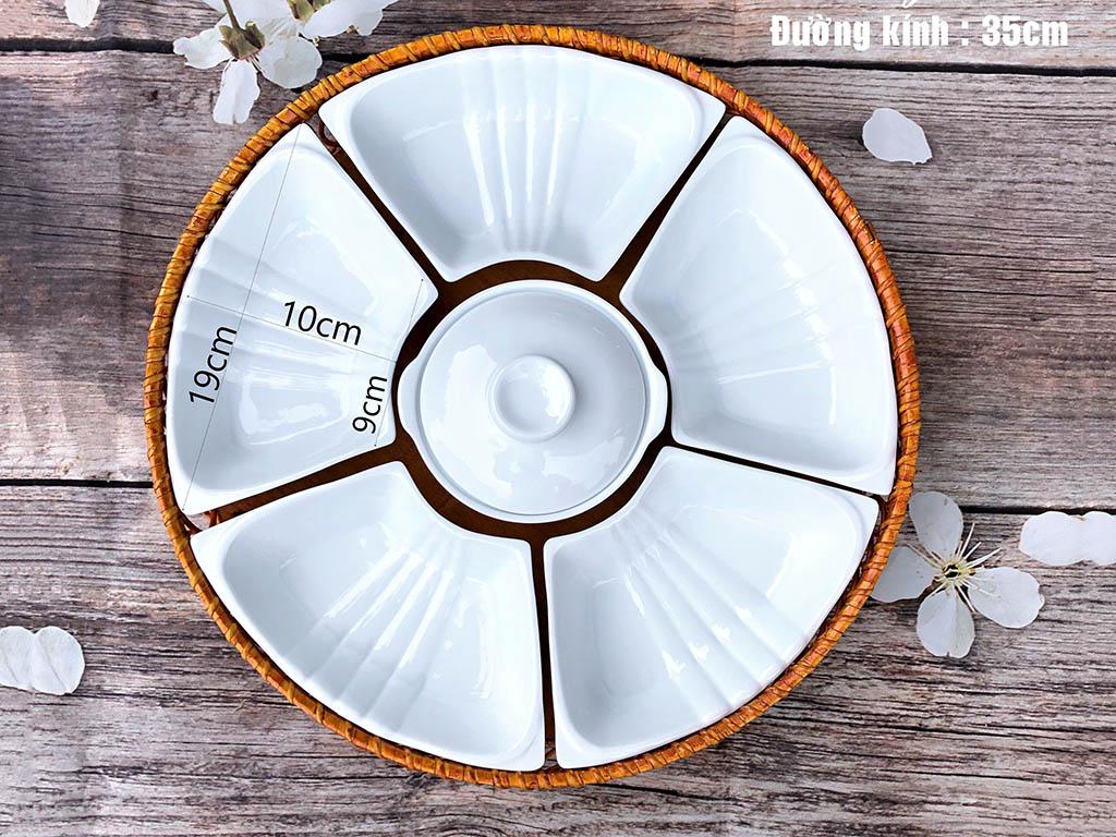 Khay mứt sứ men trắng 5 cánh lá gân đế mây 3