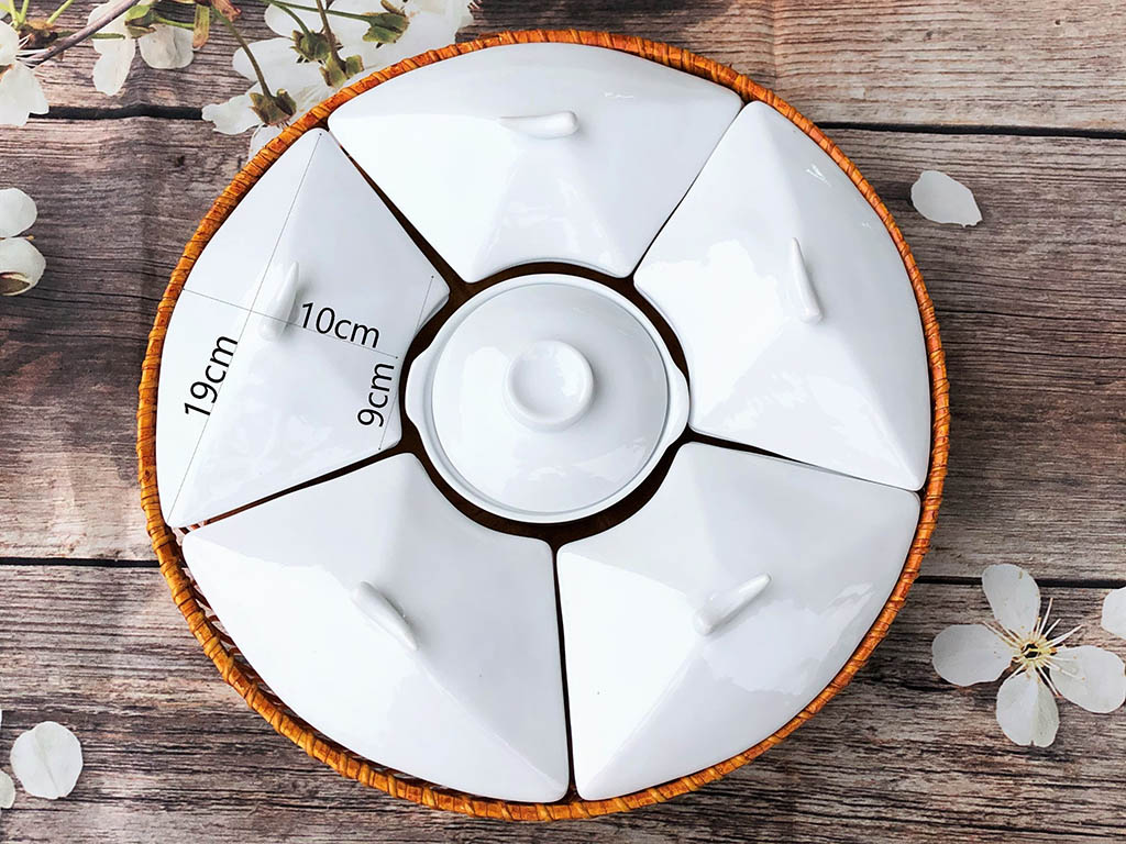 Khay mứt sứ men trắng 5 cánh lá gân đế mây 4