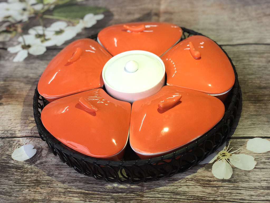 Khay mứt sứ men cam 5 cánh 1