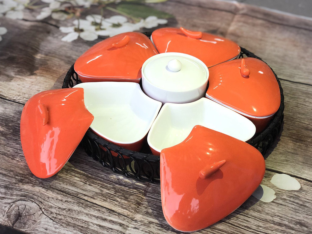 Khay mứt sứ men cam 5 cánh 2