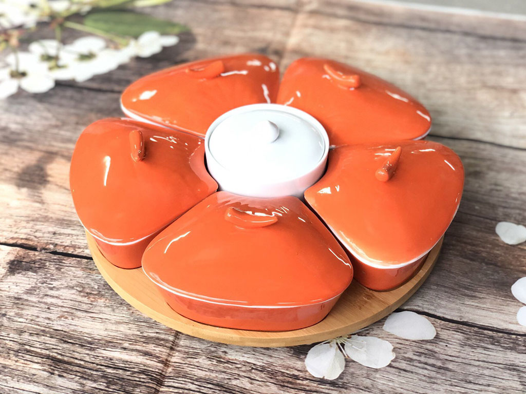 Khay mứt sứ men cam 5 c&aacute;nh
