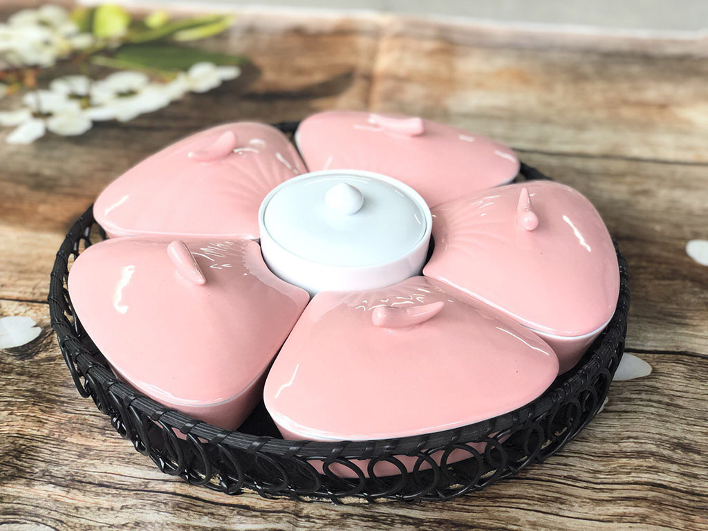 Khay mứt sứ men hồng 5 cánh 1