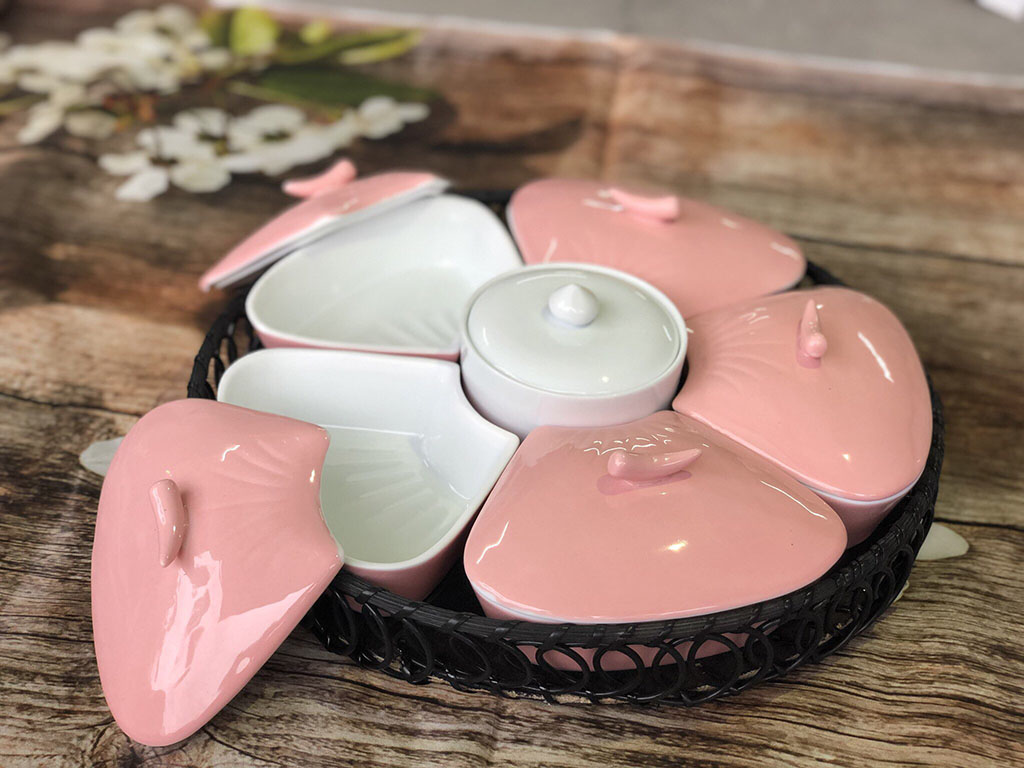 Khay mứt sứ men hồng 5 cánh 2