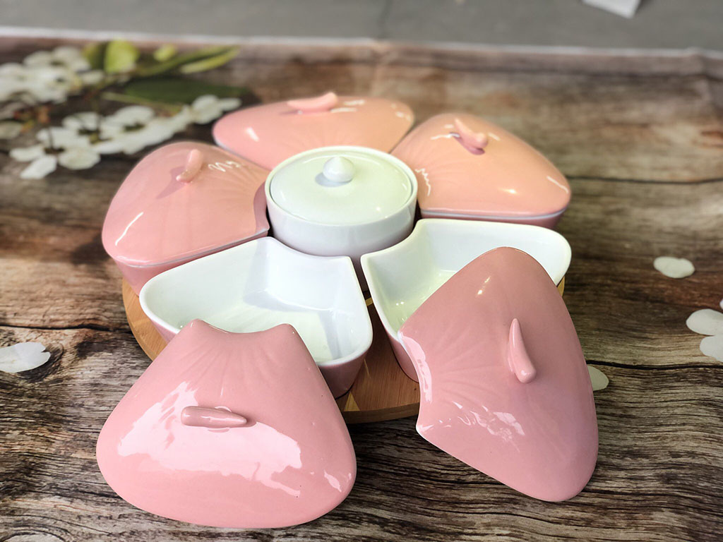 Khay mứt sứ men hồng 5 c&aacute;nh