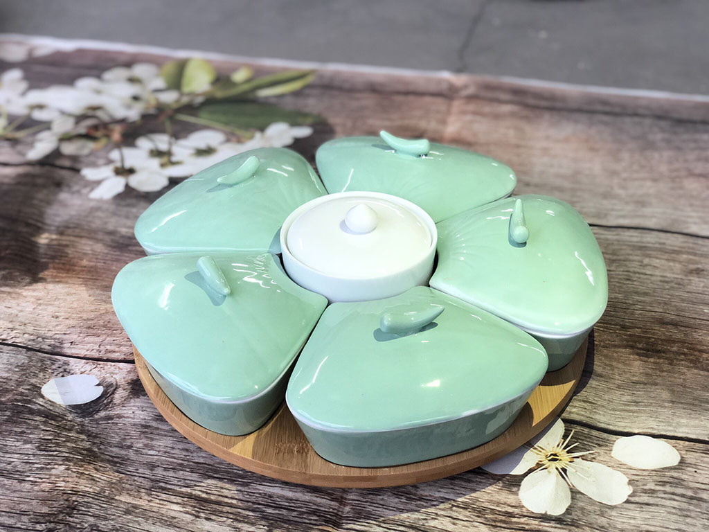 Khay mứt sứ men xanh bạc h&agrave; 5 c&aacute;nh