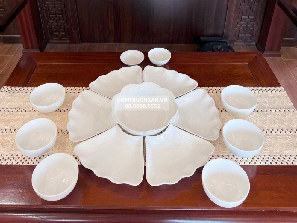 Bộ bát đĩa mâm cúng gia tiên men trắng 45cm 1