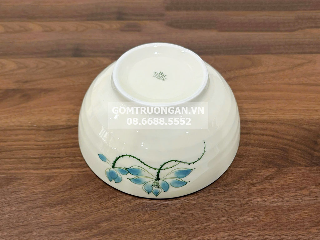 Bát tô men kem vẽ hoa sen xanh 18 3