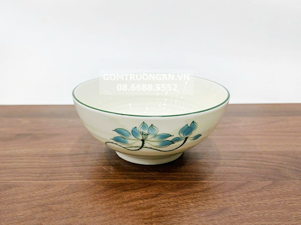 Bát tô men kem vẽ hoa sen xanh 20 1