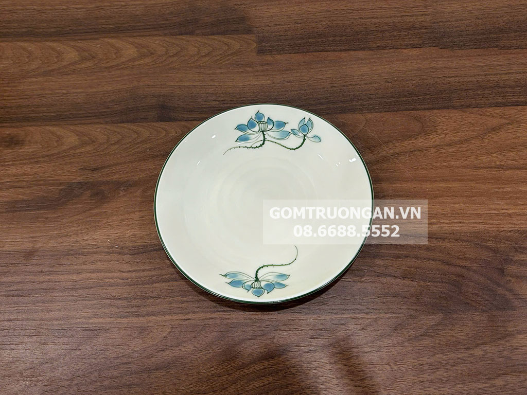 Đĩa tròn men kem vẽ hoa sen xanh 16 2