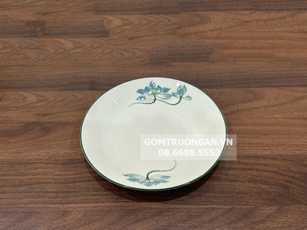 Đĩa tròn men kem vẽ hoa sen xanh 20 1