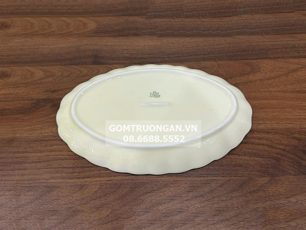 Đĩa bầu dục men kem vẽ hoa sen xanh S2 2