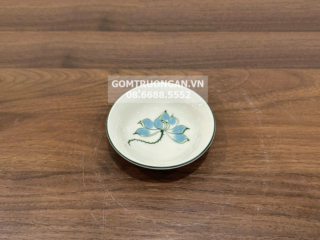 Đĩa đựng gia vị tròn men kem vẽ hoa sen xanh 1