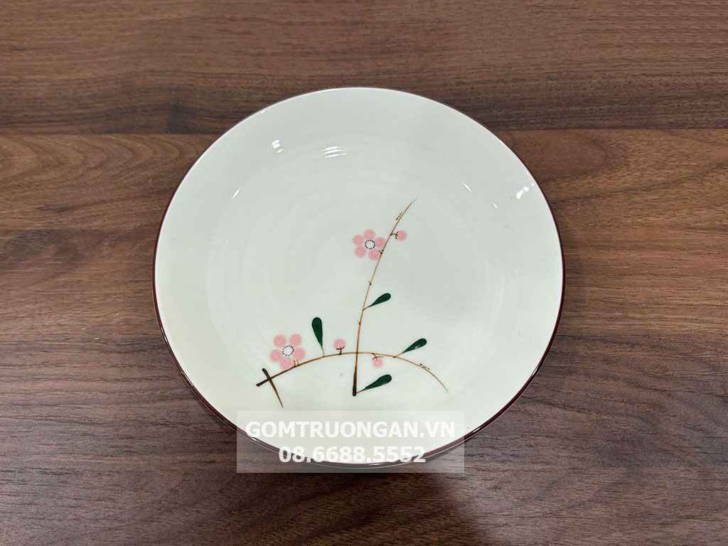 Đĩa tròn men kem vẽ hoa đào hồng 16 1