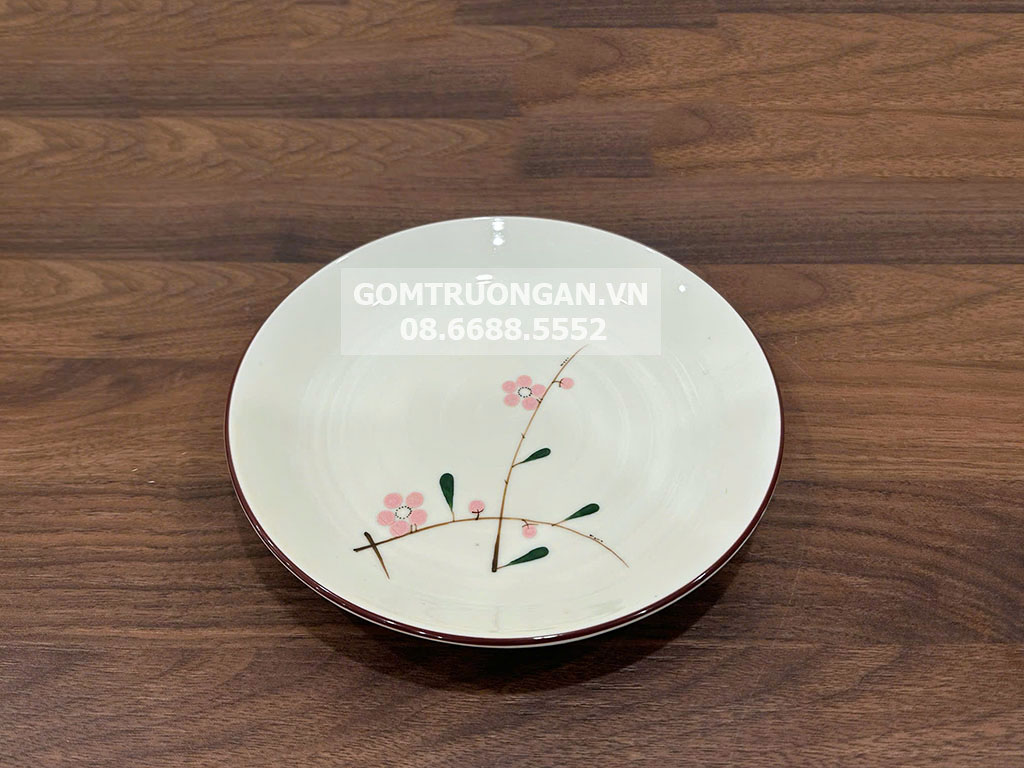 Đĩa tròn men kem vẽ hoa đào hồng 18 2