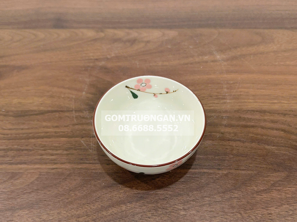 Bát mắm men kem vẽ hoa đào hồng 2