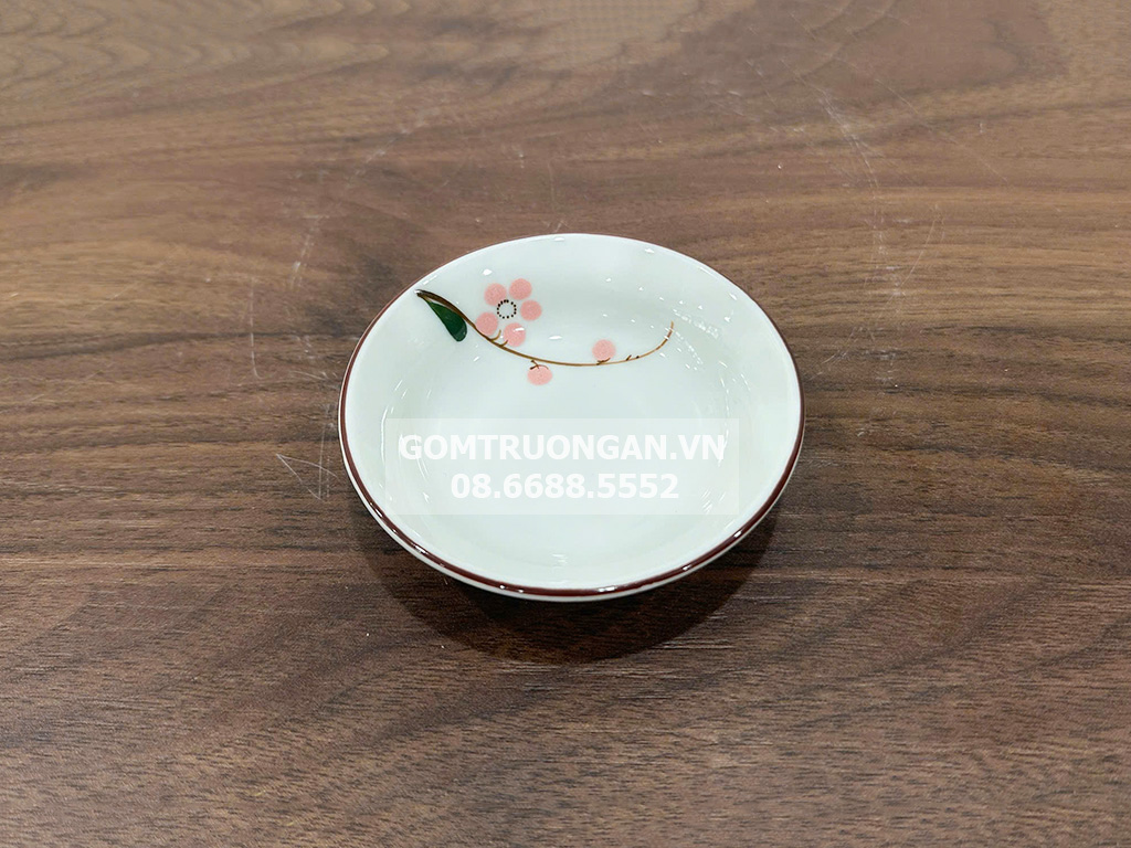 Đĩa đựng gia vị tròn men kem vẽ hoa đào hồng 1