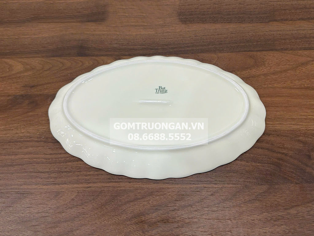 Đĩa bầu dục men kem vẽ hoa đào hồng S2 2