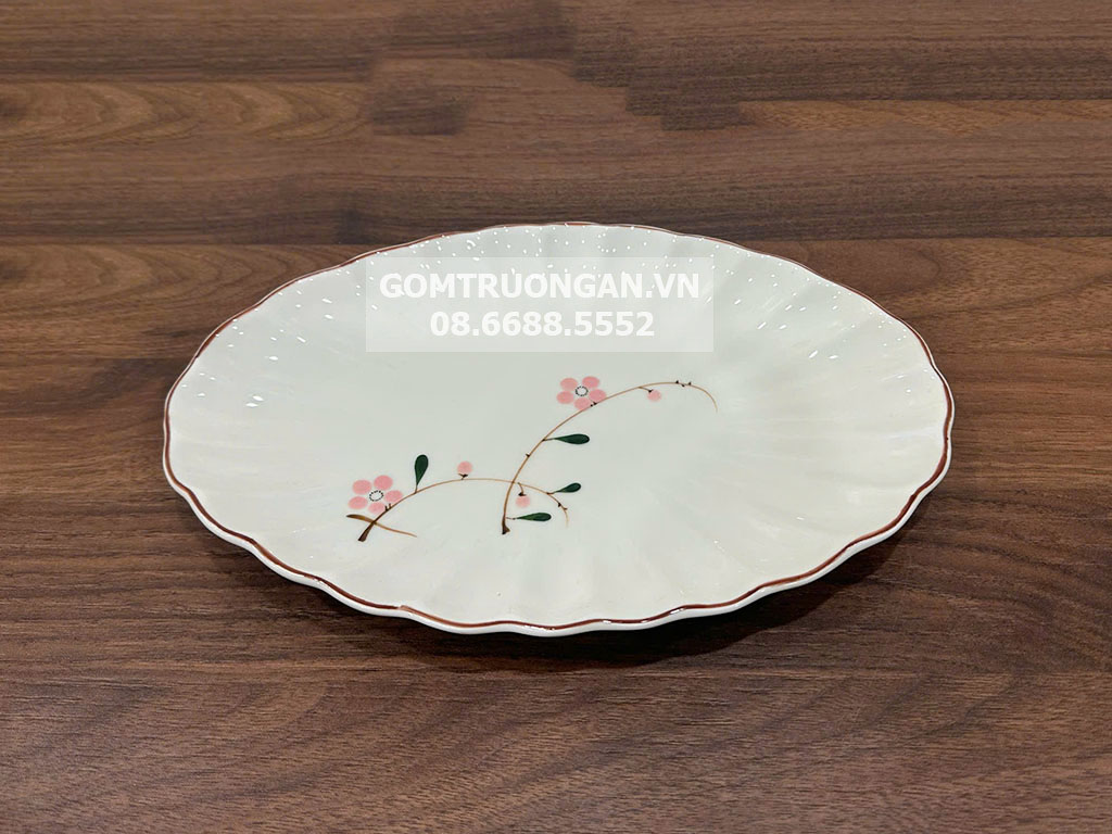 Đĩa bầu dục men kem vẽ hoa đào hồng S2 1