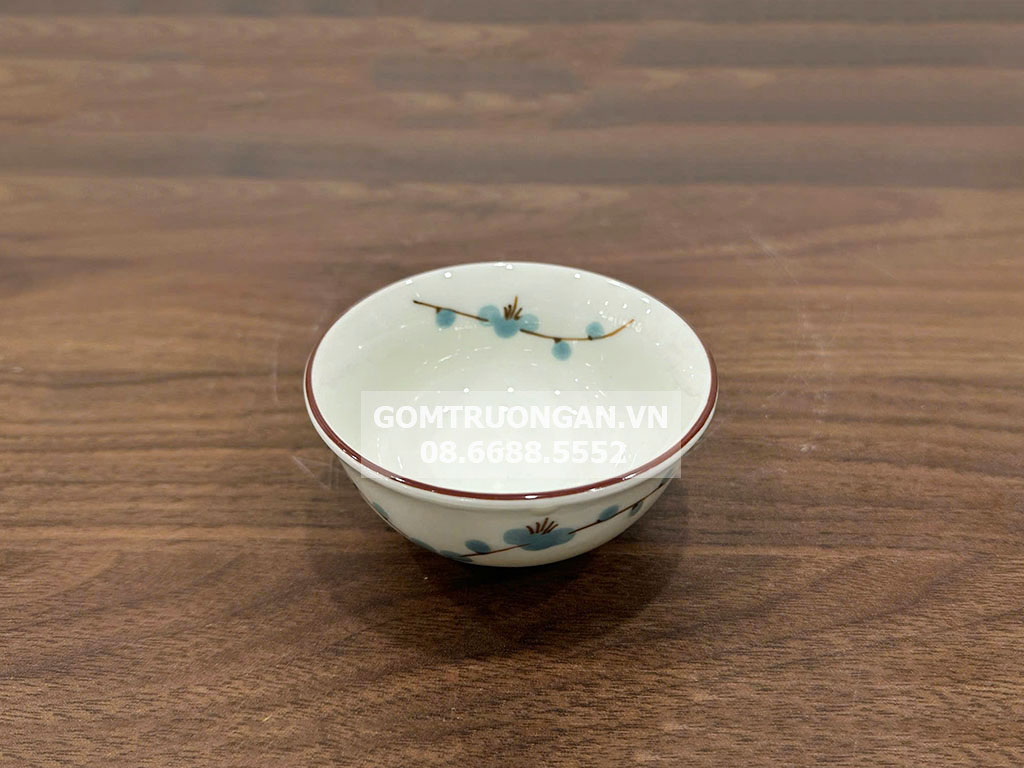 Bát mắm men kem vẽ hoa đào xanh 1