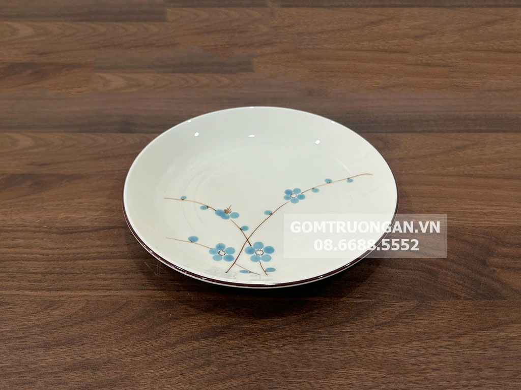 Đĩa tròn men kem vẽ hoa đào xanh 16 1