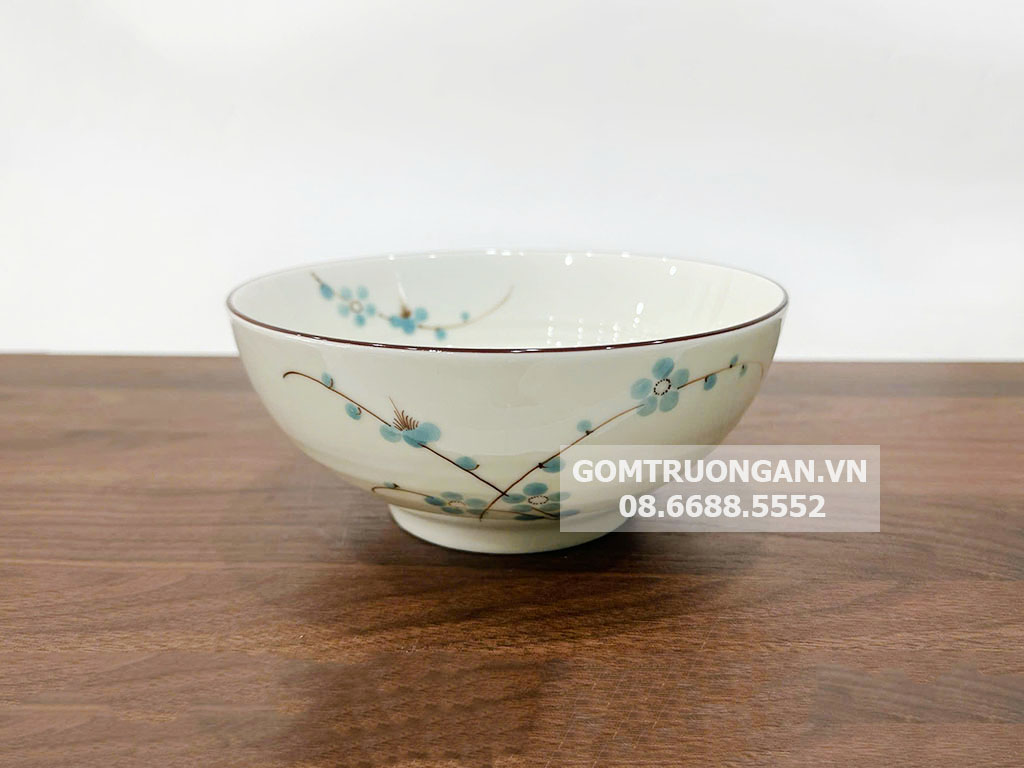 Bát tô men kem vẽ hoa đào xanh 18 1