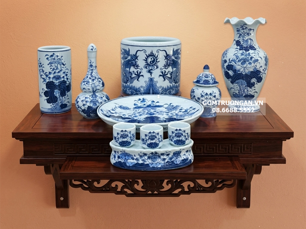 Bộ đồ thờ Bát Tràng men lam ngọc Lộc Phát ban thờ treo tường chung cư 1