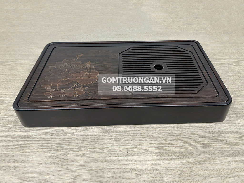 Khay trà gỗ đục chữ nhật Lâm An hoa sen CNC đẹp 2