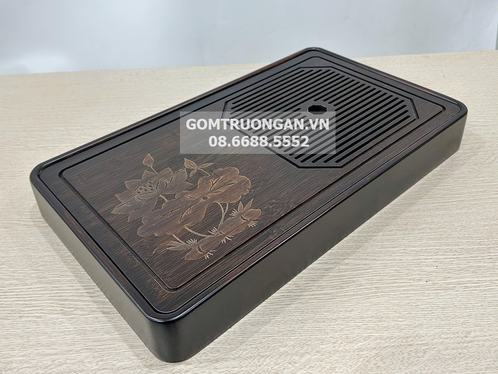 Khay trà gỗ đục chữ nhật Lâm An hoa sen CNC đẹp 3