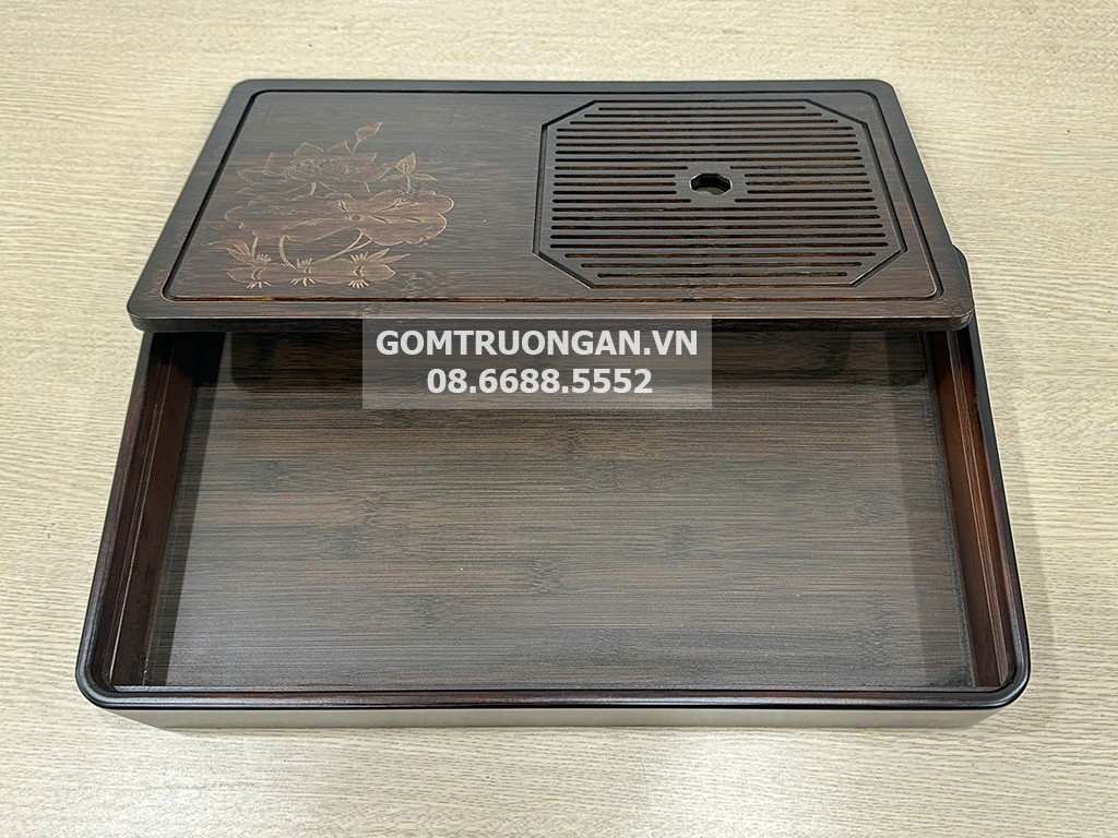 Khay trà gỗ đục chữ nhật Lâm An hoa sen CNC đẹp 4