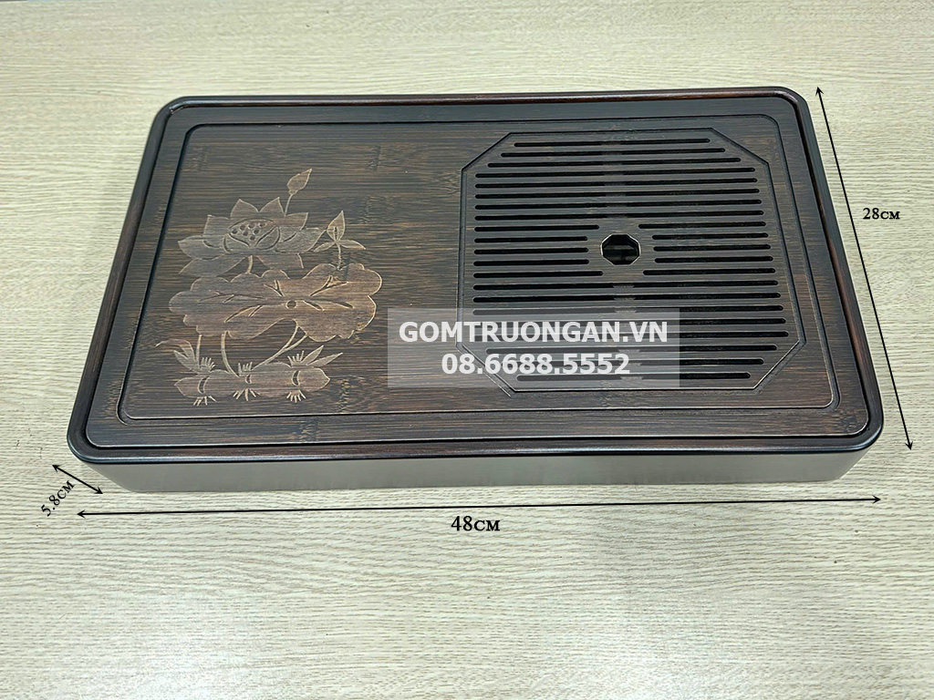 Khay trà gỗ đục chữ nhật Lâm An hoa sen CNC đẹp 1