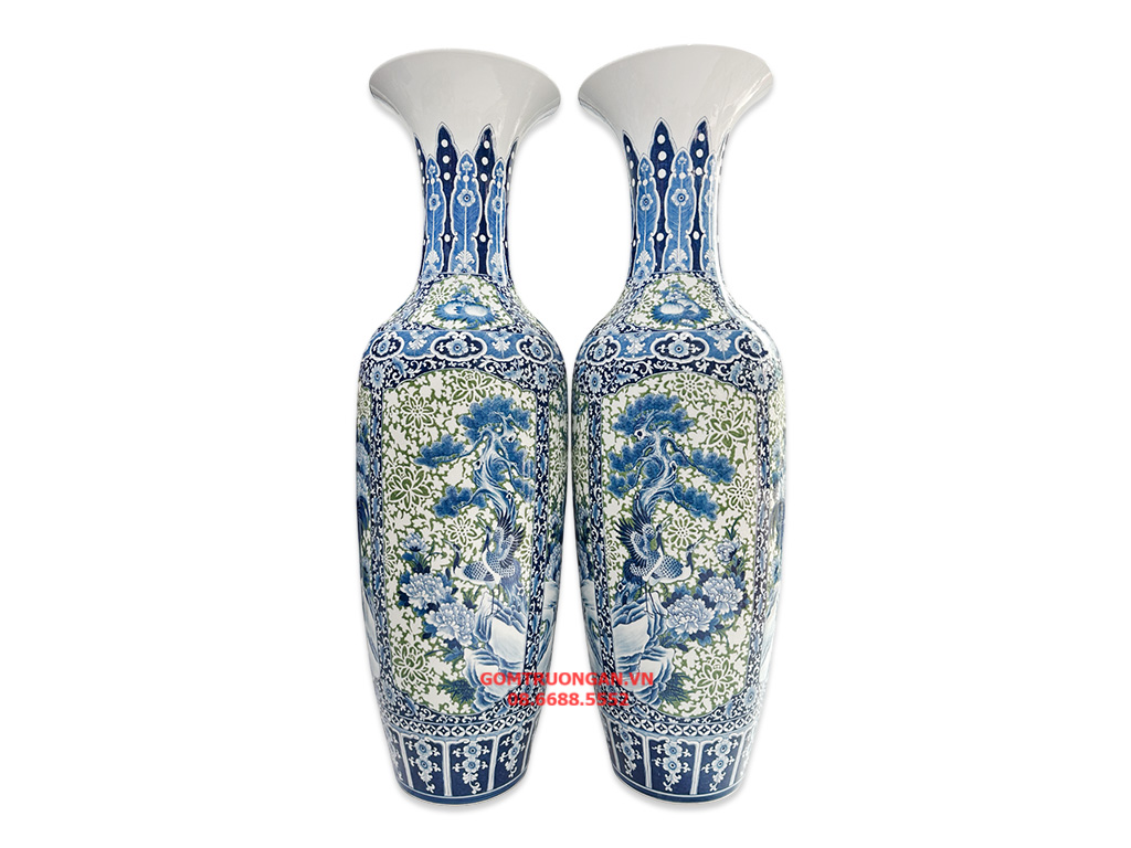 Lọ lục bình sứ Bát Tràng men khử cao cấp Tứ Quý khắc dệt gấm thêu hoa 1m4 2