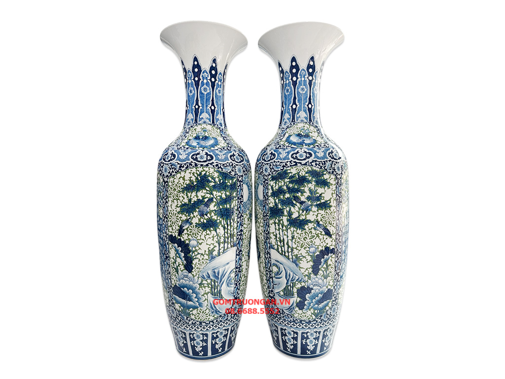 Lọ lục bình sứ Bát Tràng men khử cao cấp Tứ Quý khắc dệt gấm thêu hoa 1m4 3