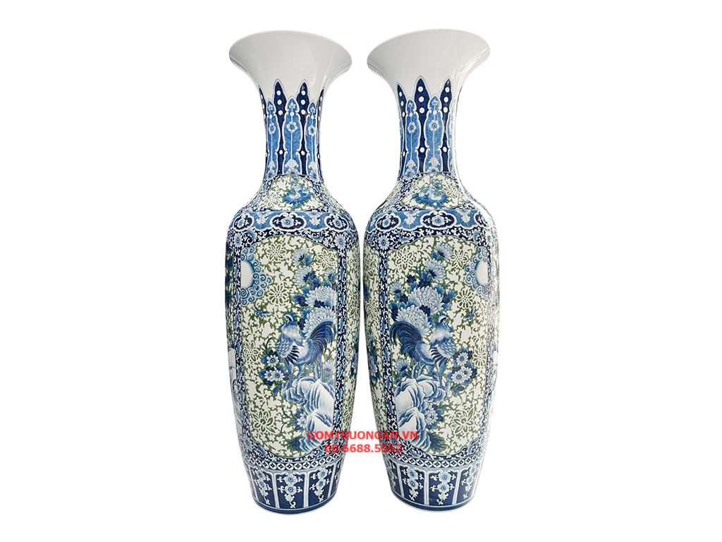 Lọ lục bình sứ Bát Tràng men khử cao cấp Tứ Quý khắc dệt gấm thêu hoa 1m4 4