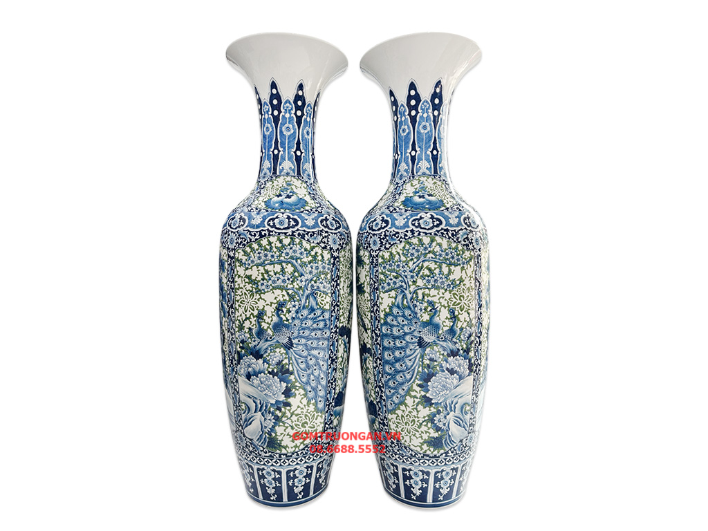 Lọ lục bình sứ Bát Tràng men khử cao cấp Tứ Quý khắc dệt gấm thêu hoa 1m4 1