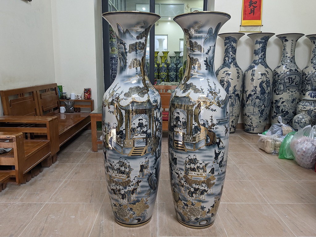 Lọ lộc bình Bát Tràng men chàm Bách Nhi Bách Phúc vẽ vàng nano 1m4 1