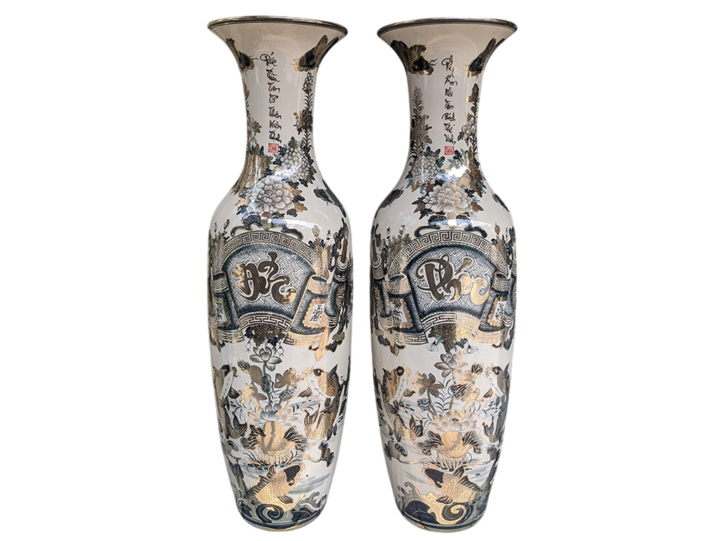 Lọ lộc bình Bát Tràng men chàm Phúc Đức vẽ vàng nano 1m4 1