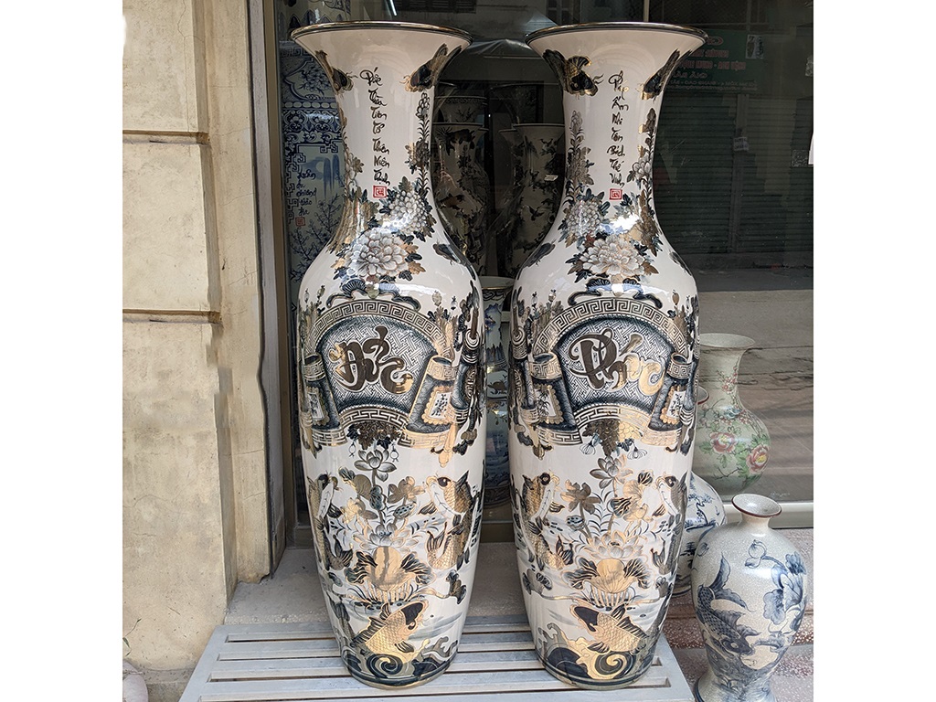 Lọ lộc bình Bát Tràng men chàm Phúc Đức vẽ vàng nano 1m4 2