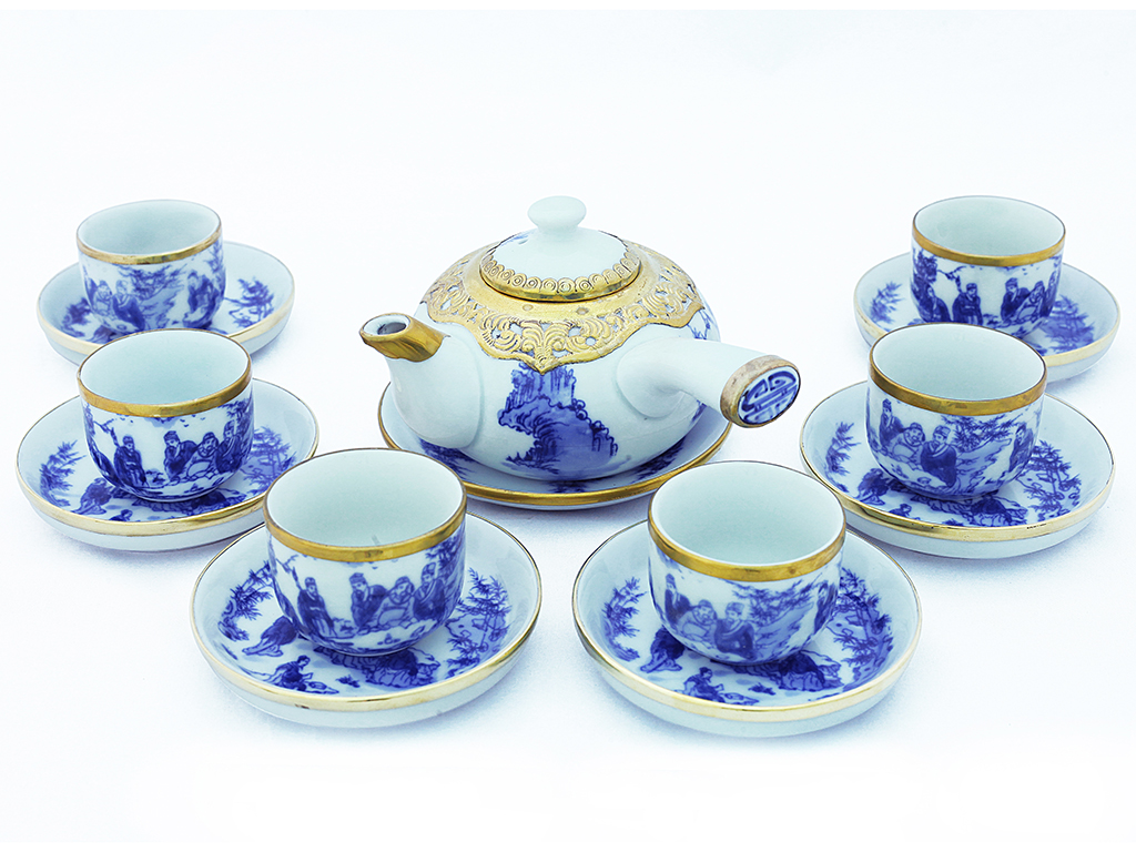 Ấm ch&eacute;n bọc đồng men lam Tr&uacute;c L&acirc;m Thất Hiền tay ngang