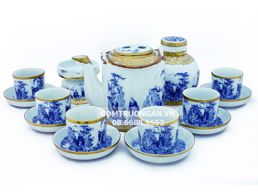 Bộ ấm tích Bát Tràng bọc đồng men lam Trúc Lâm Thất Hiền 1,5 lít đầy đủ phụ kiện 1