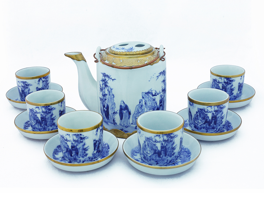 Bộ ấm t&iacute;ch B&aacute;t Tr&agrave;ng bọc đồng men lam Tr&uacute;c L&acirc;m Thất Hiền 1,5 l&iacute;t