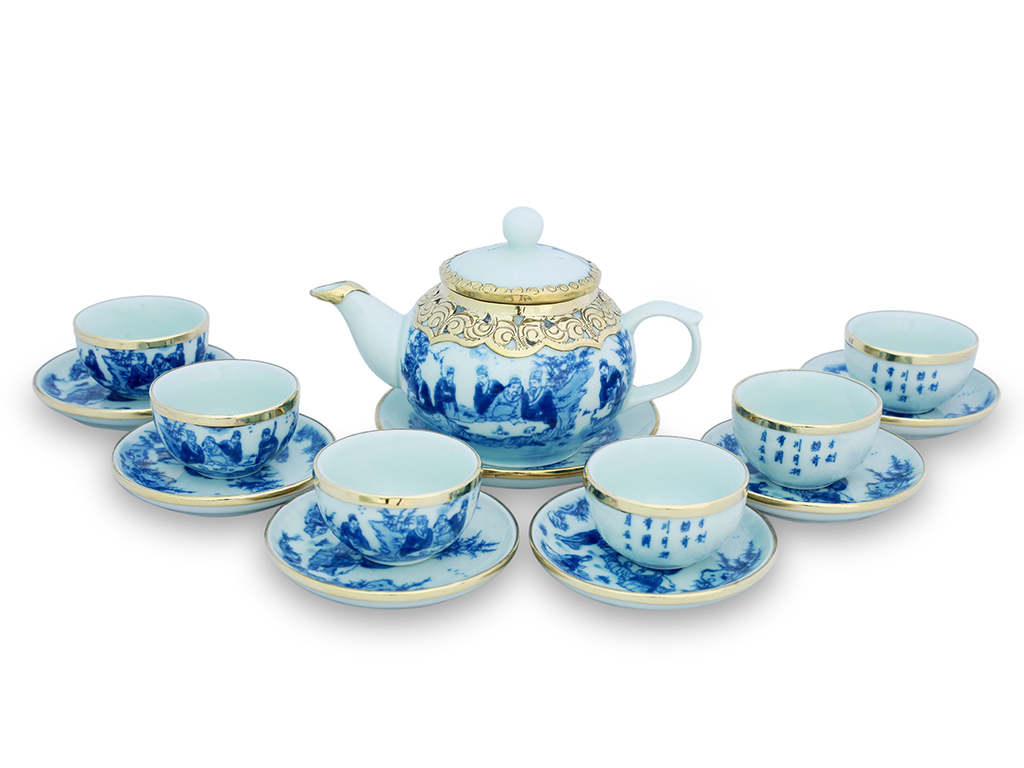 Ấm ch&eacute;n bọc đồng B&aacute;t Tr&agrave;ng men lam Tr&uacute;c L&acirc;m Thất Hiền d&aacute;ng ch&oacute;p