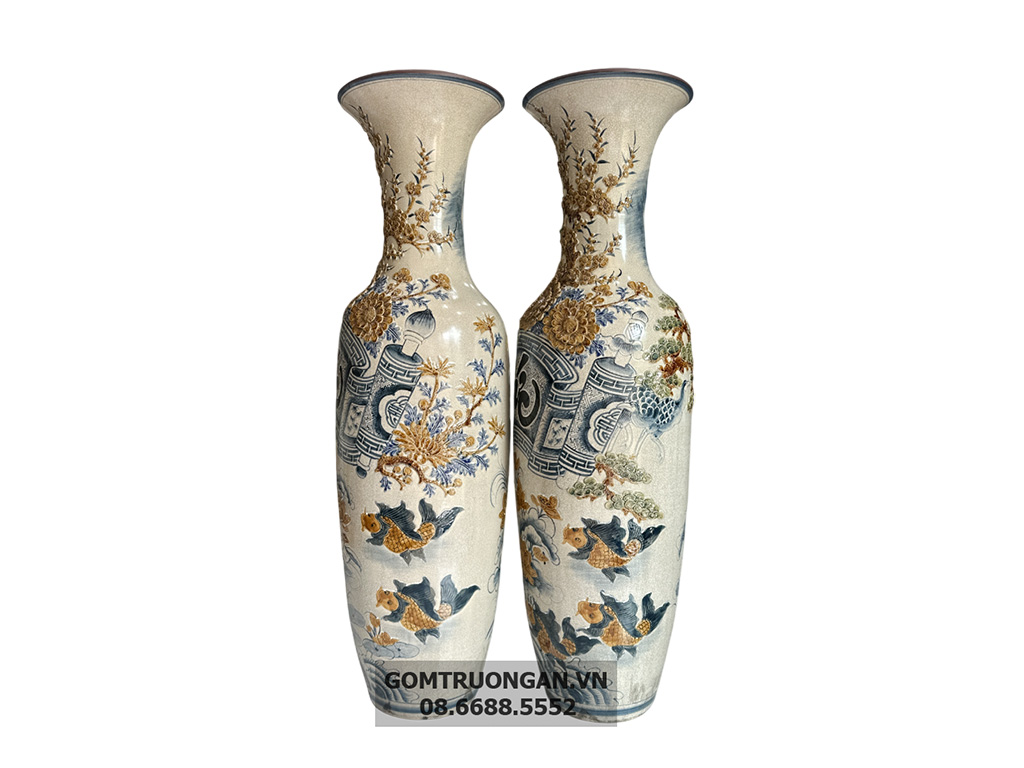 Lọ lộc bình Bát Tràng men rạn đắp nổi Phúc Đức 1m4 2