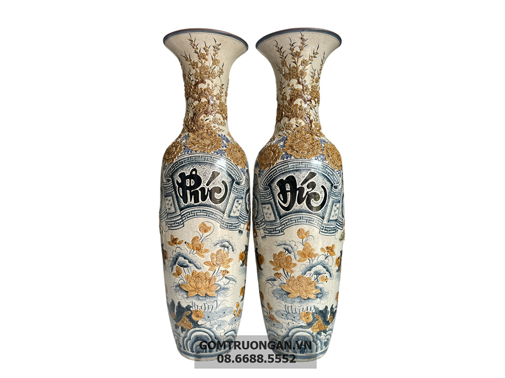 Lọ lộc bình Bát Tràng men rạn đắp nổi Phúc Đức 1m6 1