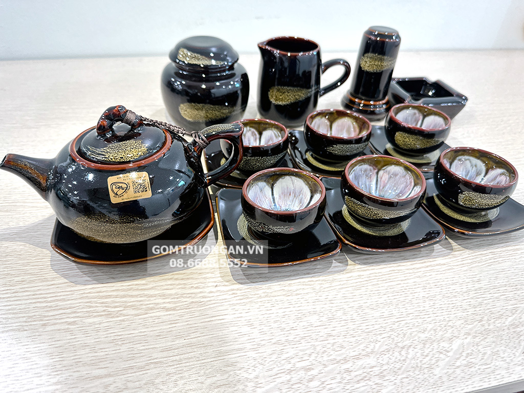 Bộ ấm chén men hỏa biến mật ong dáng quả hồng đầy đủ phụ kiện 2