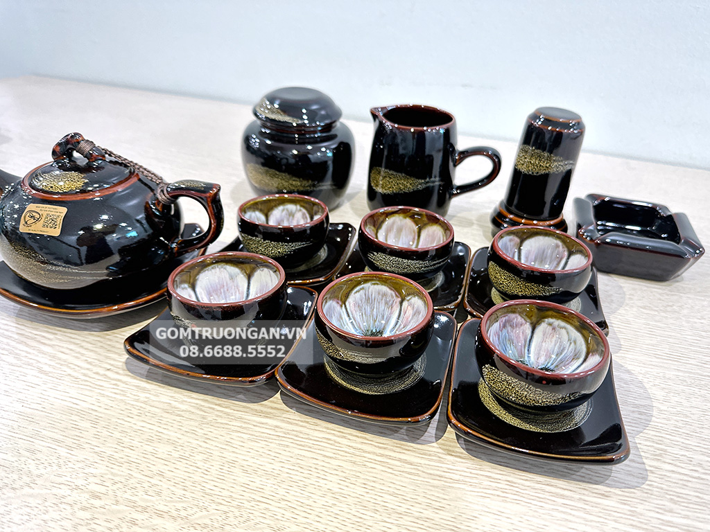 Bộ ấm chén men hỏa biến mật ong dáng quả hồng đầy đủ phụ kiện 3