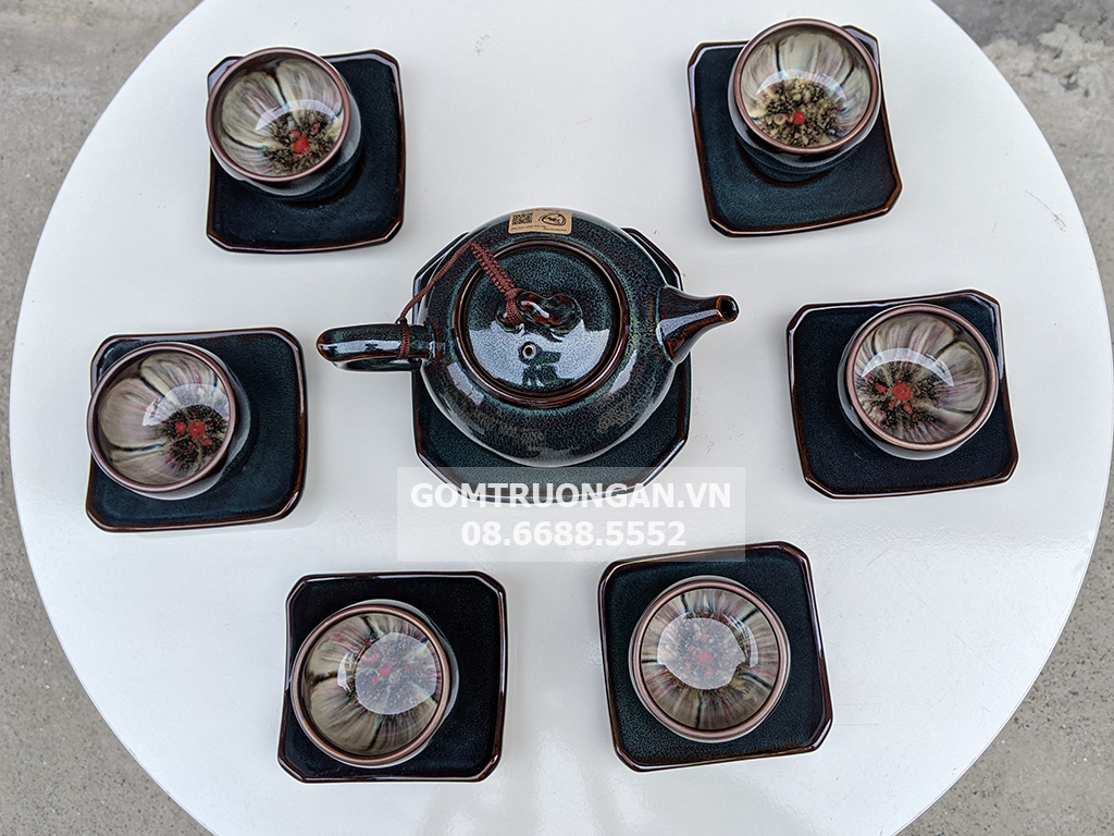 Bộ ấm chén men hỏa biến xanh ghi đúc lòng hoa dáng quả hồng 3